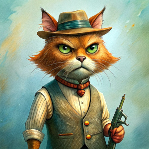 a mean-looking cat, ant dressed like greedy man in a casual wear, wearing a wrist watch and a baseball cap, and having a gun, in the style of 'fantastic mr fox' cartoon, full shot