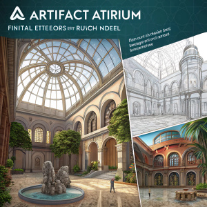 Conceptual art showcasing the progression of the Artifact Atrium from Archero. From initial sketches to the final 3D model.