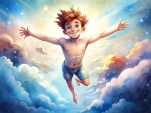 cute shirtless slender tanned smiling guy with short hair wearing tight shorts flying in the sky among the clouds with great speed, arms spread wide