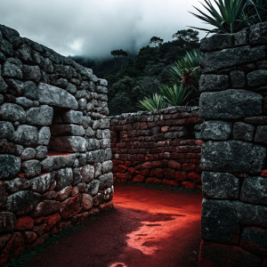 Stone walls of Machu Picchu ruins, Peru, ancient architecture, moss-covered stones, gray and brown tones, natural environment