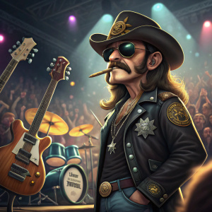 Lemmy Kilmister, rockstar, sporting a mustache, sunglasses, and cigar. Concert stage background