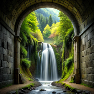 Generate an image of an ancient tunnel with a forest landscape and a waterfall at the end. Make the view at the end of the tunnel wide and spacious, set in a Turkish forest