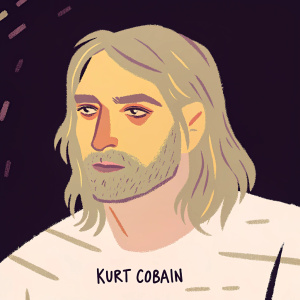 Digital art portrait of Kurt Cobain. Close-up on face with detailed features, long wavy hair, beard, dark background. Graffiti-like signature at bottom.
