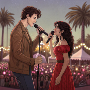 Shawn Mendes, curly brown hair, in a brown jacket, Camila Cabello in a red dress, performing an intimate duet on stage at Coachella Festival.