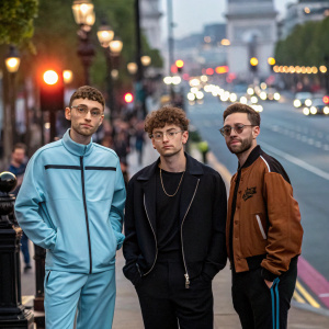 Years & Years band members Olly Alexander, Olivier Subria, and Mikey Goldsworthy at a press conference. They stand in front of a bustling street with pedestrians and streetlights. Olly in a light blue tracksuit, Olivier in black outfit, Mikey in brown and black jacket.