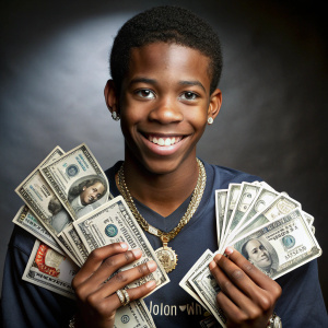 Evan Moore, black teen with waves, showing  off diamonds and money
