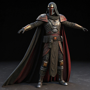 A detailed 3D rendering of a character inspired by Darth Revan. Complex armor design with intricate embellishments and details. Character stands with arms outstretched. Cloak flows dramatically. Background: deep, pitch-black void