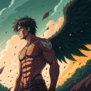 Eren Yeager standing amidst chaos in Attack on Titan. Fierce expression, muscular beast with dark wings. Vibrant color palette of deep browns, rich greens, and warm yellows