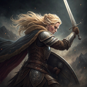 A digital painting of a strong, blonde warrior in a fierce fighting stance. Dark and dramatic background.