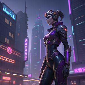 Widowmaker, the animated video game character, wearing a sleek, metallic outfit with purple accents. She stands in a futuristic, neon-lit cityscape.