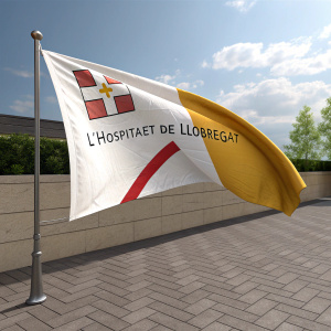 3D digital rendering of L'Hospitalet de Llobregat's flag. The flag features a white and yellow color scheme with a prominent red 'X' on the white side.