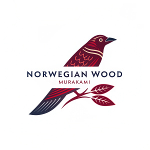 Creative logo design for 'Norwegian Wood Murakami'. Dark and red tones, bird-like shape, modern style