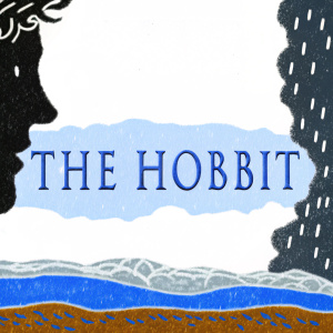 Digital artwork for 'The Hobbit' book cover. Dark background. Left side showcases a detailed, black and white silhouette of a hobbit's face. The title, 'The Hobbit', is prominently featured in a classic, elegant font. Moody and dramatic atmosphere. Emphasis on typography and a classic literary design.