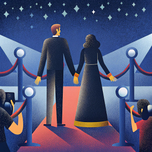 Tom Hiddleston and Kat Dennings attending a glamorous gala. Tom in a sleek black suit. Kat in a striking black and gold dress. Red carpet scene with flashing cameras and excited crowd.