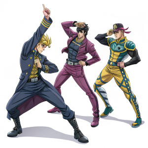 Characters from JoJo's Bizarre Adventure posing in dynamic stances. Each figure's unique costume and posture are highlighted. A stark white background contrasts their vibrant designs.