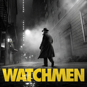 A mysterious and eerie movie poster for 'Watchmen'. Black and white imagery dominates, contrasting with a bold, yellow-tinged title at the bottom.