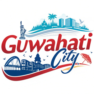 Creative logo design for Guwahati city. Bold, modern font with vibrant blue and red colors. White background