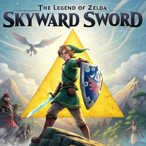 Promotional poster for The Legend of Zelda: Skyward Sword. Vibrant yellow triangle with intricate character design at center. Title in bold, black text.