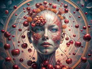 an abstract painting in which a human face looks as
if it consists of a series of spirals, cherries and circles that bend each other, 
    illustration, photography