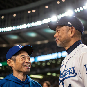 Ichiro Suzuki and Dave Roberts. Ichiro smiling widely. Dave looks stern. Indoor stadium, bright lights, crowd blurred in background.