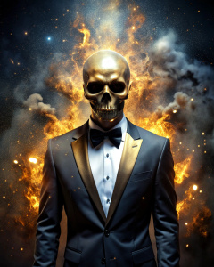 effect, photoshop action, realistic black gold skull with human body in tuxedo, fire, sparks, dust, explosion, smoke, sand, shadows, glow, glow, glare, light, slim, in style: serious, business, wise, quality xd, 