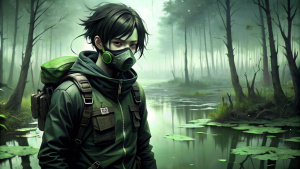 dishonored outsider styled young man with pale skin, thin, black emo hair, wearing a cyberpunk filtration mask with filters and a warm green jacket, and black military boots and backpack, boating in a swamp
