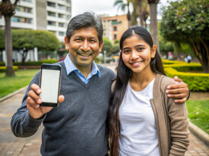 A 45-year-old Peruvian man from Lima, lower middle class,
next to one
adult, lady, older, university student, 25 years old Peruvian with her hands forward showing me the white screen of her cell phone