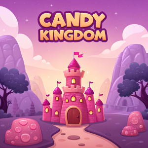A vibrant webpage for 'Candy Kingdom', featuring a big, gummy bear-like castle. A whimsical candy landscape with rocky formations, all in a palette of purple and pink hues. The header includes fun, cartoon-style navigation links.