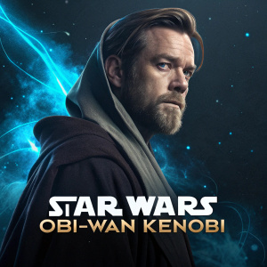 Obi-Wan Kenobi poster. Dark and mysterious backdrop with blue cosmic elements swirling around the character. Bold text at the bottom reads 'Star Wars: Obi-Wan Kenobi'
