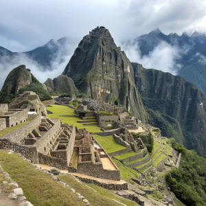 Ancient ruins of Machu Picchu, an Incan city, nestled high in the Andes Mountains. Stone structures and terraces sprawling across the mountain.