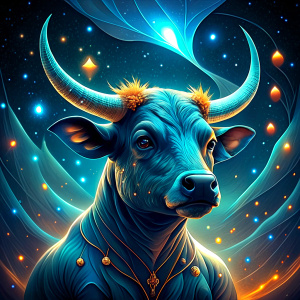 bull
 Zodiac Constellation, set in the vast and majestic universe, radiating with a shimmering and ethereal glow, positioned among a sea of stars in the cosmic expanse. Illuminated by celestial radiance and cosmic rays, created by a master of cosmic artistry in a surreal and otherworldly style, using digital painting as the medium for an astrological illustration. The color scheme features deep indigo and gold, with high-definition digital rendering to capture museum-quality detail and pre