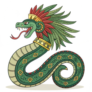 Illustration of Quetzalcoatl, Aztec god. Serpent-like creature, adorned with vibrant green tones and complex patterns typical of ancient Aztec art.