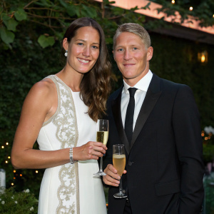 Bastian Schweinsteiger and Ana Ivanovic at Wimbledon social gala, both in formal attire. Elegant champagne glasses in hand, surrounded by lush greenery.