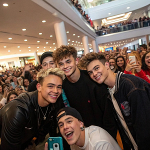 Why Don't We band members Corbin Besson, Jonah Marais, Daniel Seavey, Zach Herron, and Jack Avery pose for a photo. Casual attire. Crowded indoor setting. Various fans with phones capture the moment.