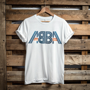 ABBA merchandise photo shoot. White t-shirt with ABBA logo, rustic wooden backdrop.