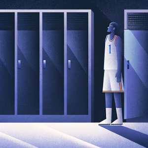 Amar'e Stoudemire, intense gaze, in the locker room. Clad in his iconic Knicks jersey. White with blue team logo. Background: empty locker room, dimly lit, with reflections of the arena lights.