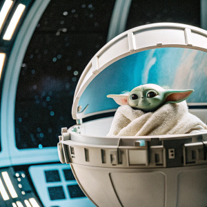 Baby Yoda, wrapped in a cozy blanket, floating in a futuristic space pod.
