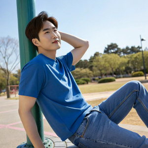Suho, from EXO-K, in casual attire. Blue t-shirt and jeans. Laid-back pose on a sunny day at a park.
