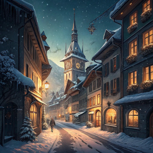 A winter night scene in Bern, Switzerland. Snow covered streets with illuminated old town buildings. Traditional European architecture, contrasting lights and shadows.
