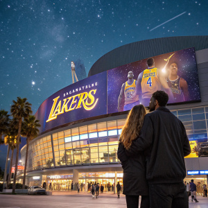 A couple standing in front of a giant Los Angeles Lakers store billboard during a busy night game at Staples Center.