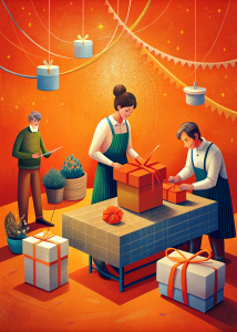 gift making illustration in orange bg zoom