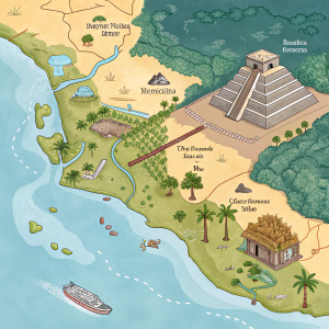Interactive map showcasing ancient Mesoamerican sites including pyramids, caves, water features, and ruins. Detailed historical information with earthy tones of green, brown, and blue.