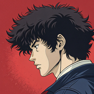 Vector illustration of Spike Spiegel from Cowboy Bebop. Detailed close-up of his dark, wavy hairstyle. Set against a vibrant red backdrop.