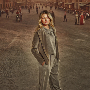 Thylane Blondeau, a young model with blonde wavy hair and subtle makeup, standing confidently in the center of a busy street. Crowds of people and photographers surround her. The scene is filled with vibrant energy.
