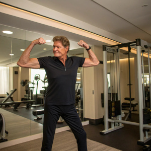David Hasselhoff in a fitness center, flexing muscles. The room is brightly lit, with gym equipment and mirrors.
