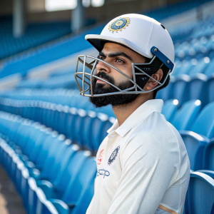 Virat Kohli, cricket legend, donning MRF insignia, posing for a photo. White helmet, blue stadium seats in background.