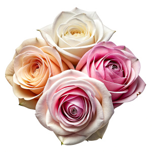 in front of a pure white background, 3 roses with stems making a design from top left in white and pink color take from the top