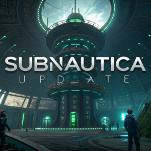 Promotional image for Subnautica game update. Futuristic tech design, multi-layered structure, intricate patterns. Dark color palette, green shades, large text