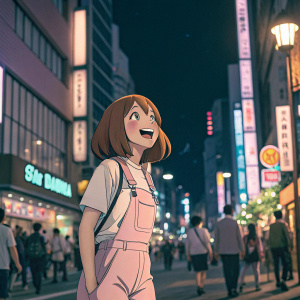Uraraka Ochako from My Hero Academia, smiling brightly. She's in a casual outfit with pastel colors. Background is bustling city street at night.