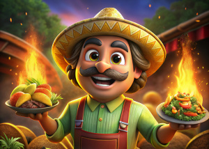 Don Ramón animado con traje de taquero y un logo de tacos chamoy de barbacoa 